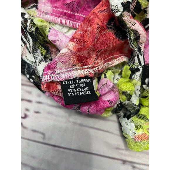 Linear Button Front Lace Shirt Womens M Floral Tie Front Roll Tab Nylon Stretch - Picture 12 of 15